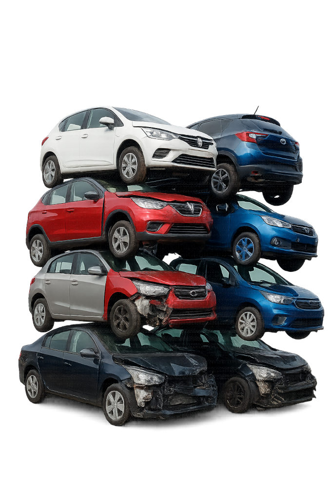 Stos aut na złomowisku Bennsam Przemyśl – samochody ułożone jeden na drugim