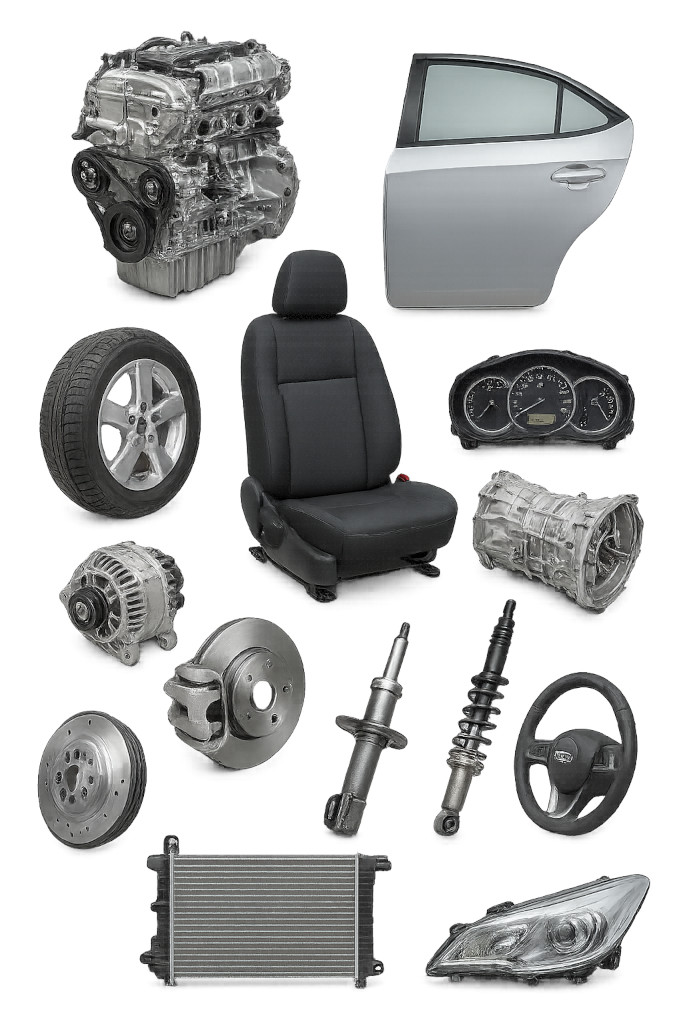 Porozrzucane części używane samochodowe na białym tle – stacja demontażu Bennsam