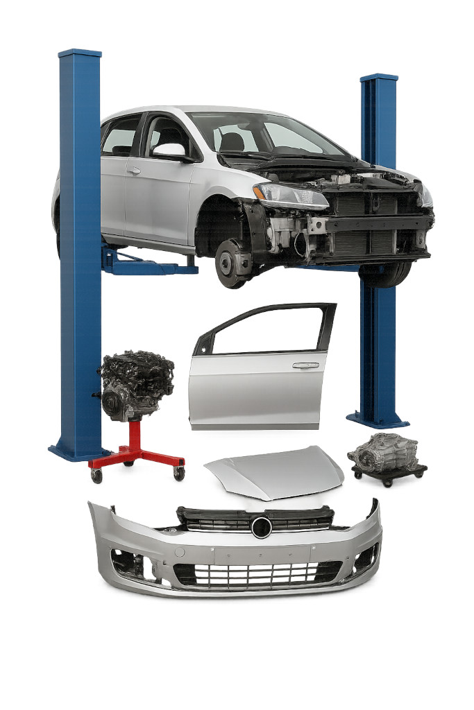 Samochód na podnośniku podczas procesu demontażu – elementy auta leżące obok