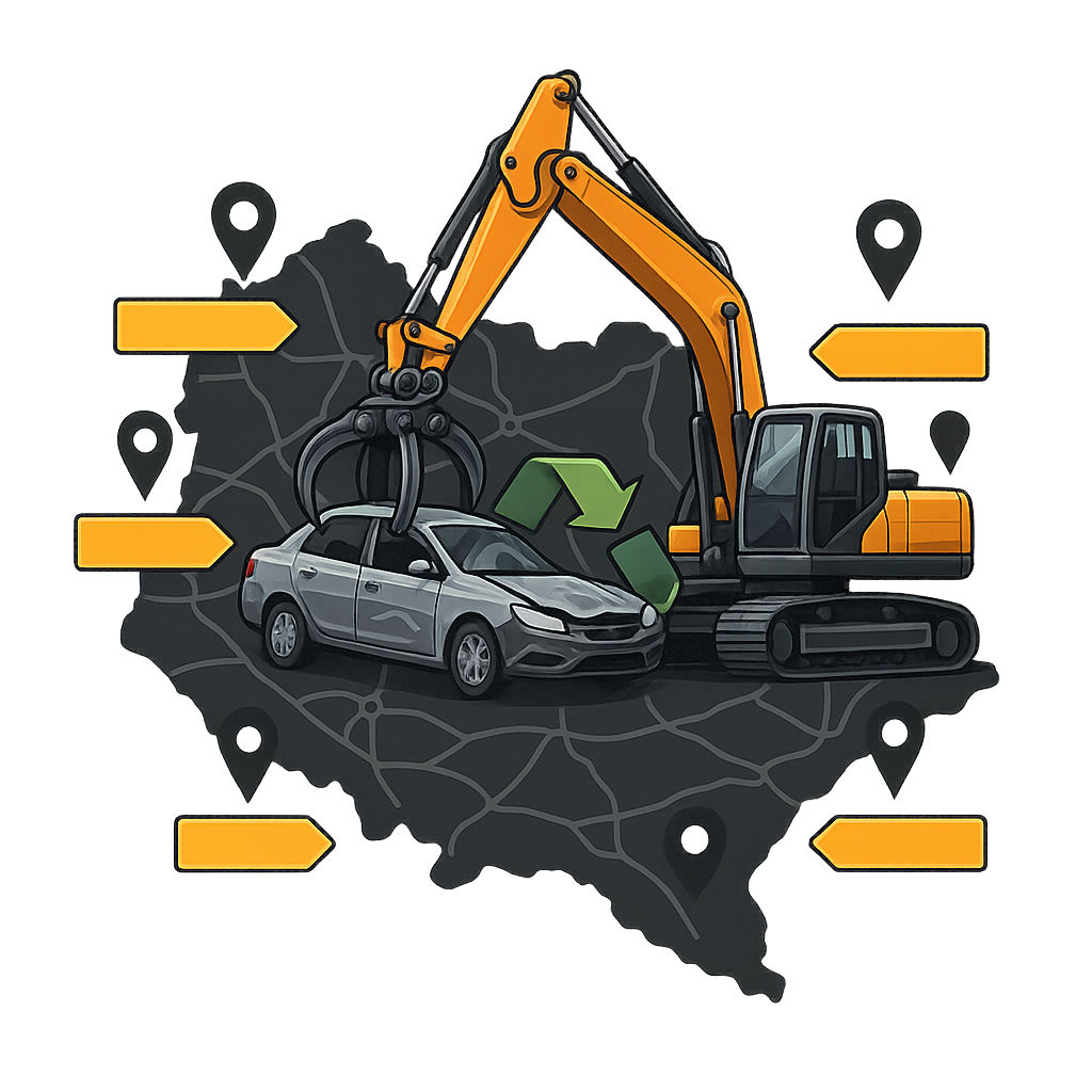 Grafika Auto recykling Mapka podkarpacia, obszar działania Bennsam.