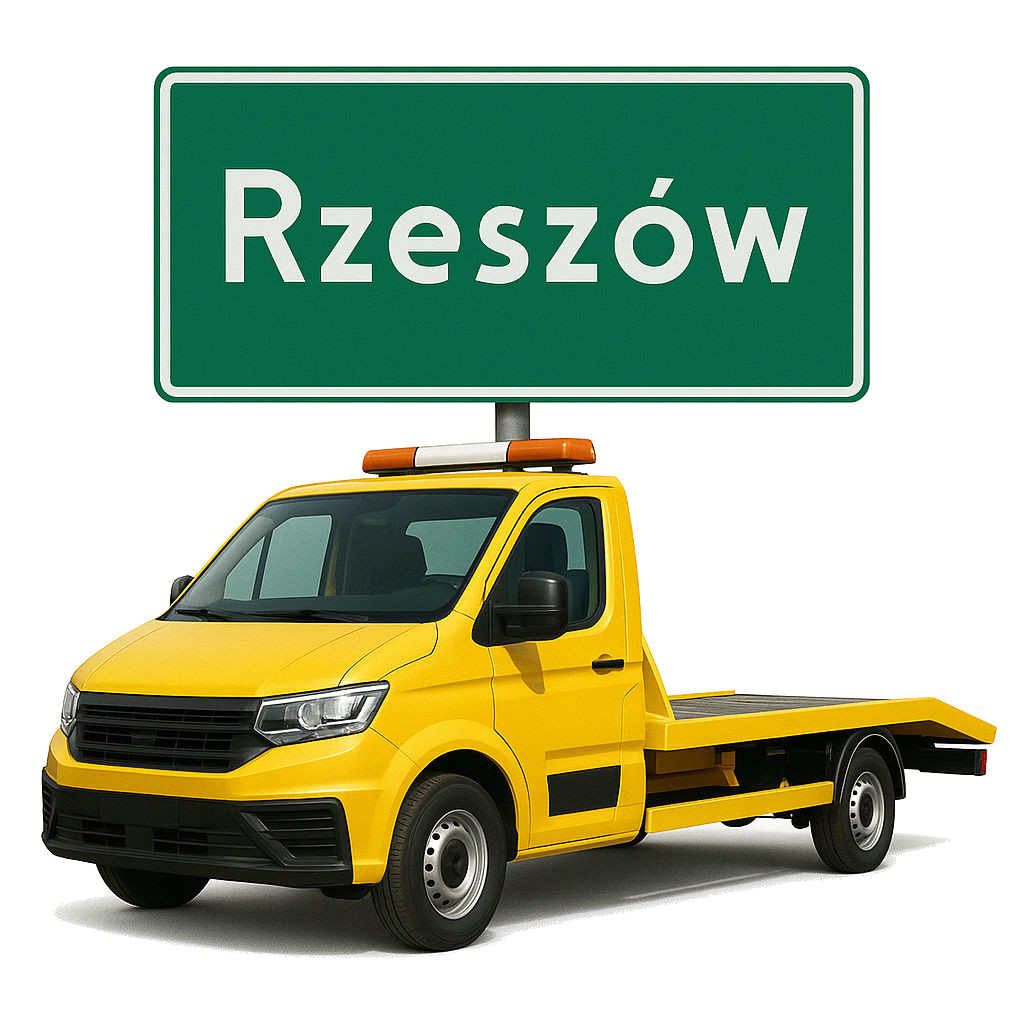 Znak drogowy Rzeszów i laweta jako skup aut.