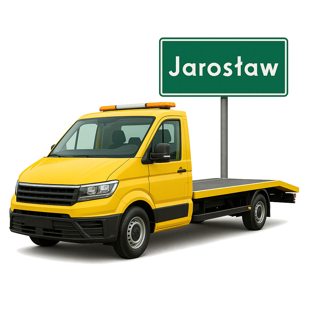 Laweta Bennsam i znak drogowy Jarosław jako skup aut.