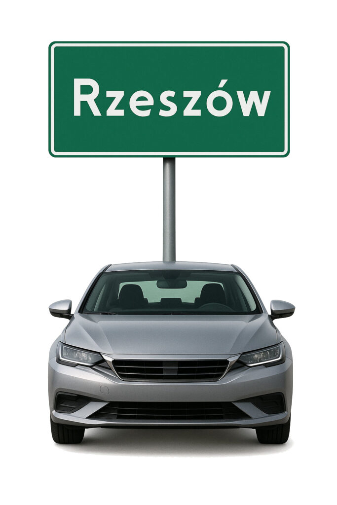 Znak drogowy Rzeszów i samochód jako skup aut.
